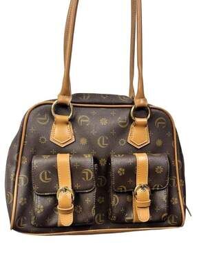 CL America Monogram Brown Faux Leather Satchel Shoulder Bag with Front Pockets